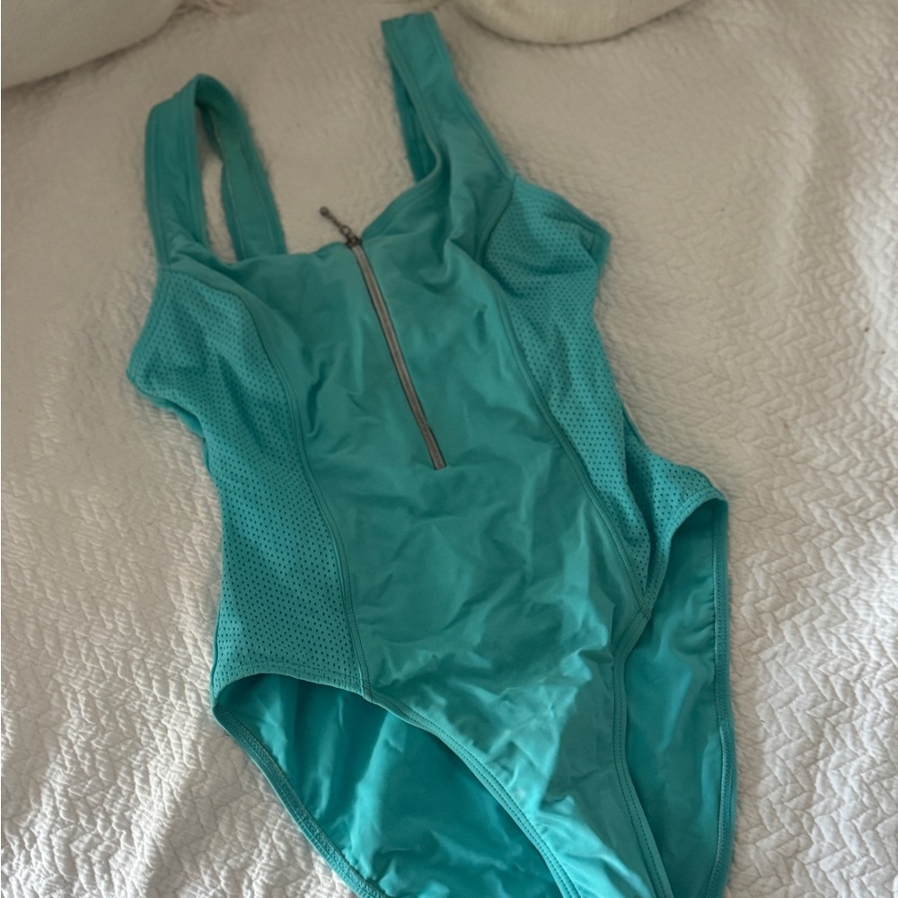 Aqua Zip-front one piece vintage 90s swimsuit